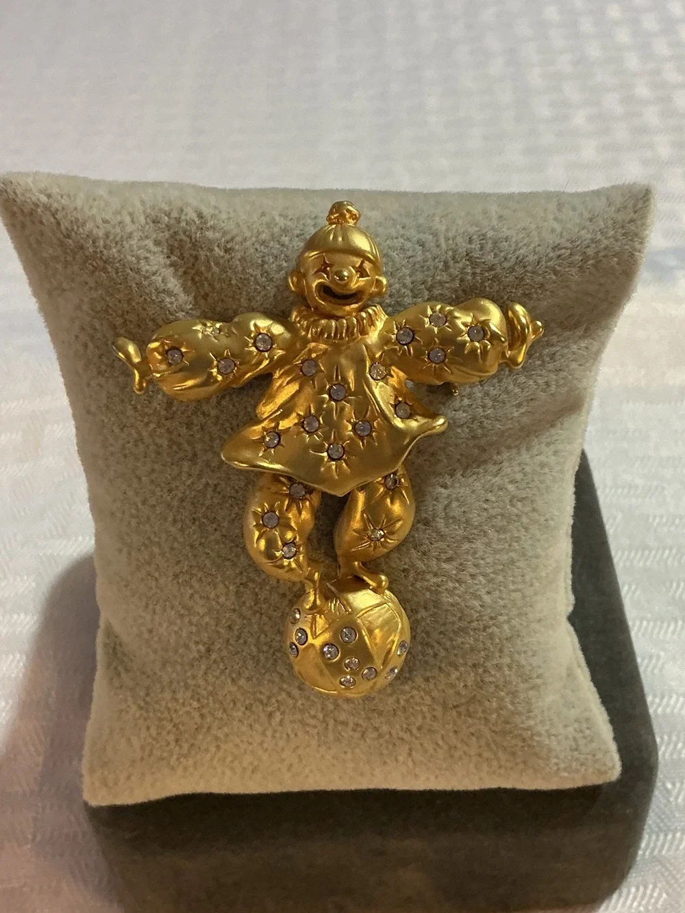 Clown on a Ball Articulated Balancing Rhinestone Gold Tone Brooch